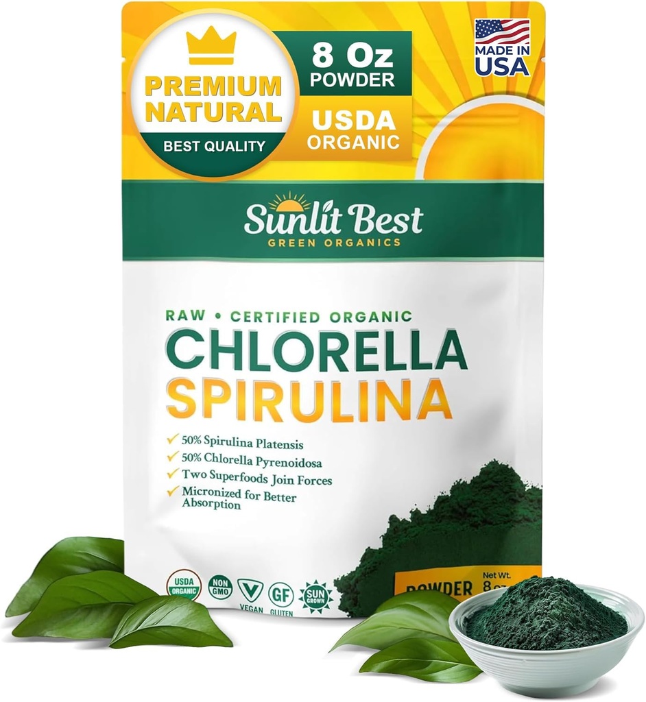 Sunlit Cel mai bun USDA Organic Chlorella Spirulina pulbere - 100% Raw & Vegan Sursa de Proteina si Clorofila 