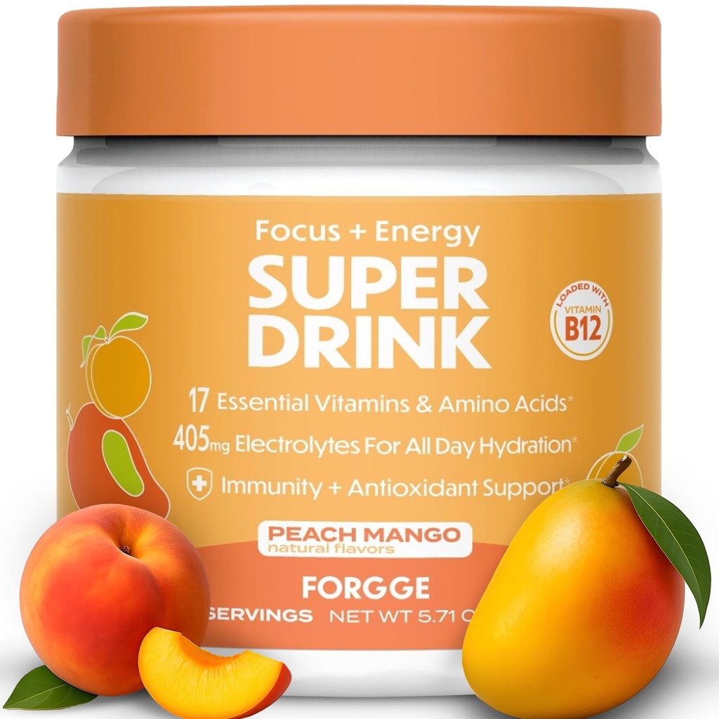 Forgge Energy Booster Super Drink - Clean Caffeine + B12, B6, C & D Vitamine - Sugar Free Energy Drink Powder with Electrolytes, Amino Acids, Antioxidanti, Lions Mane - Vegan, Keto-Friendly - 30 SVG, Peach Mango