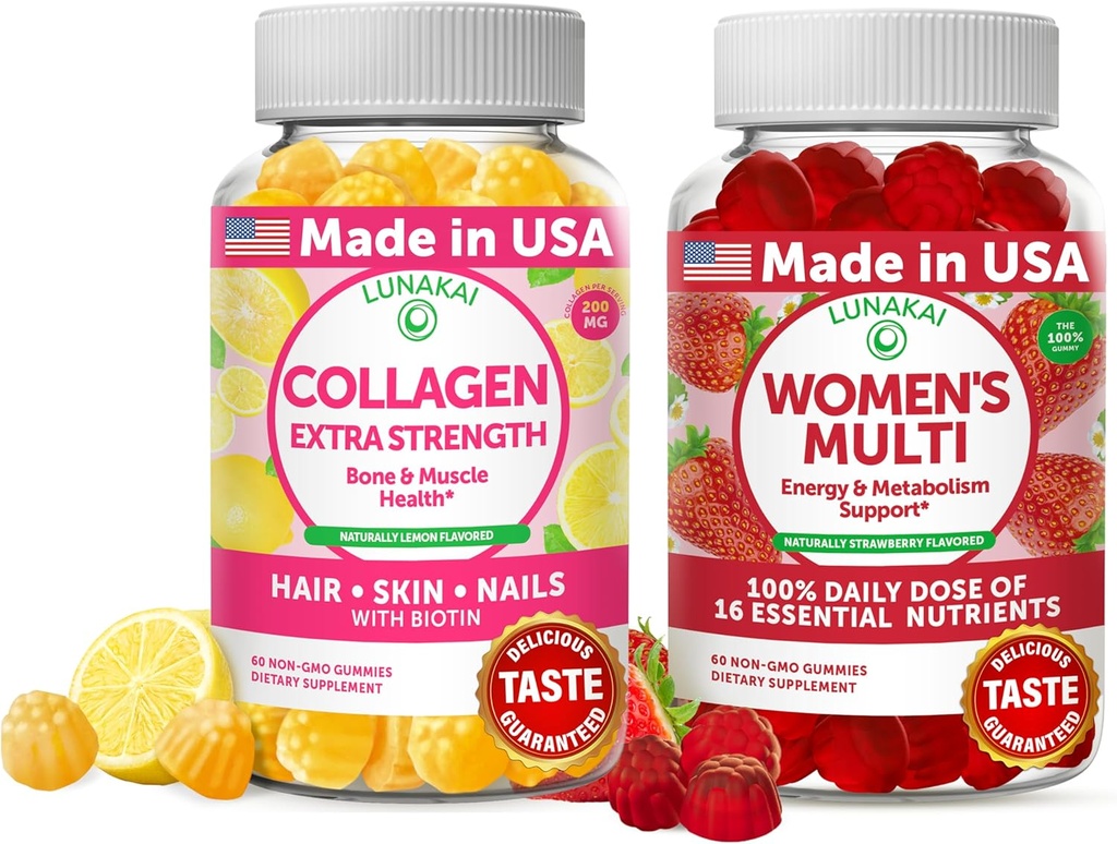 Lunakai Collagen și femei Multivitamine Gummies Bundle - non-GMO Anti-Aging Suplimente cu Biotin, Zinc, Vitamina C și E - 100% zilnic valoarea 16 Vitamine esențiale și minerale - 30 zile de aprovizionare