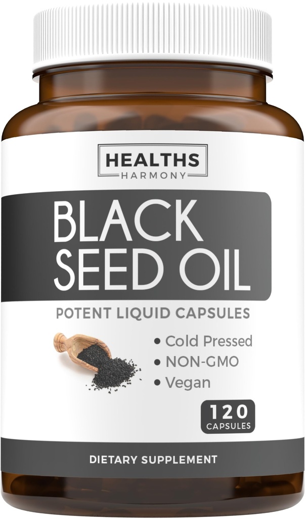 Black Seed Oil - 120 Softgel Capsules Skin Health (Non-GMO & Vegan) Cold-Pressed Nigella Sativa Producând ulei de semințe de chimen negru pur cu vitamina E - 500mg Fiecare, 1000mg per 2 capsule Servire