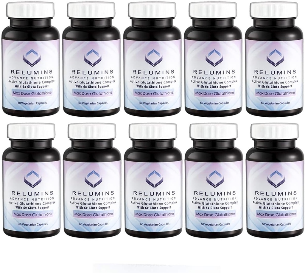 Relumins Advance White Active Glutatione Complex - doză maximă 900 mg Glutatione cu 6X Boosters, ALA & NAC - Anti-Aging Skin Brightening Supliment - 60 Capace x 10 flacoane