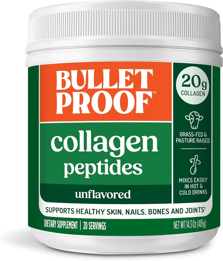 Bulletproof Colagen Peptides pulbere nearomatizate cu ulei MCT, 14.3 Ounces, Proteina de colagen Fed de iarbă pentru piele, de sprijin osos și comun, Paste crescute, Nu Hormoni Adăugați