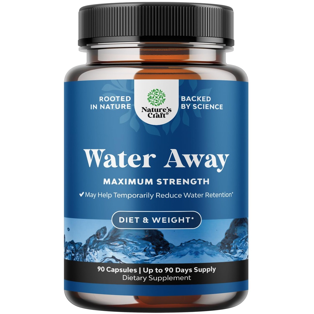 Apă Away Pastile Diuretice Herbal Putere mare - supliment de reținere lichid cu extract de frunze Dandelion & Ceai verde pentru ajutor de balonare pentru femei și bărbați - Capsule pentru umflarea picioarelor și picioarelor - 90 Conte