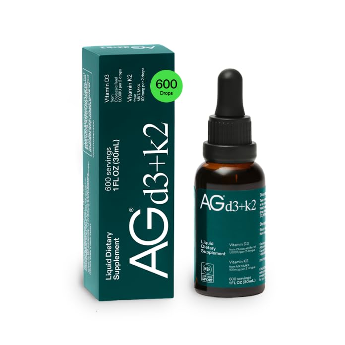AG1 D3 picături de vitamina K2, 1000 UI de vitamina D3 și 100 mcg de K2 per servire, susține densitatea osoasă și absorbția de calciu (verzi atletic)