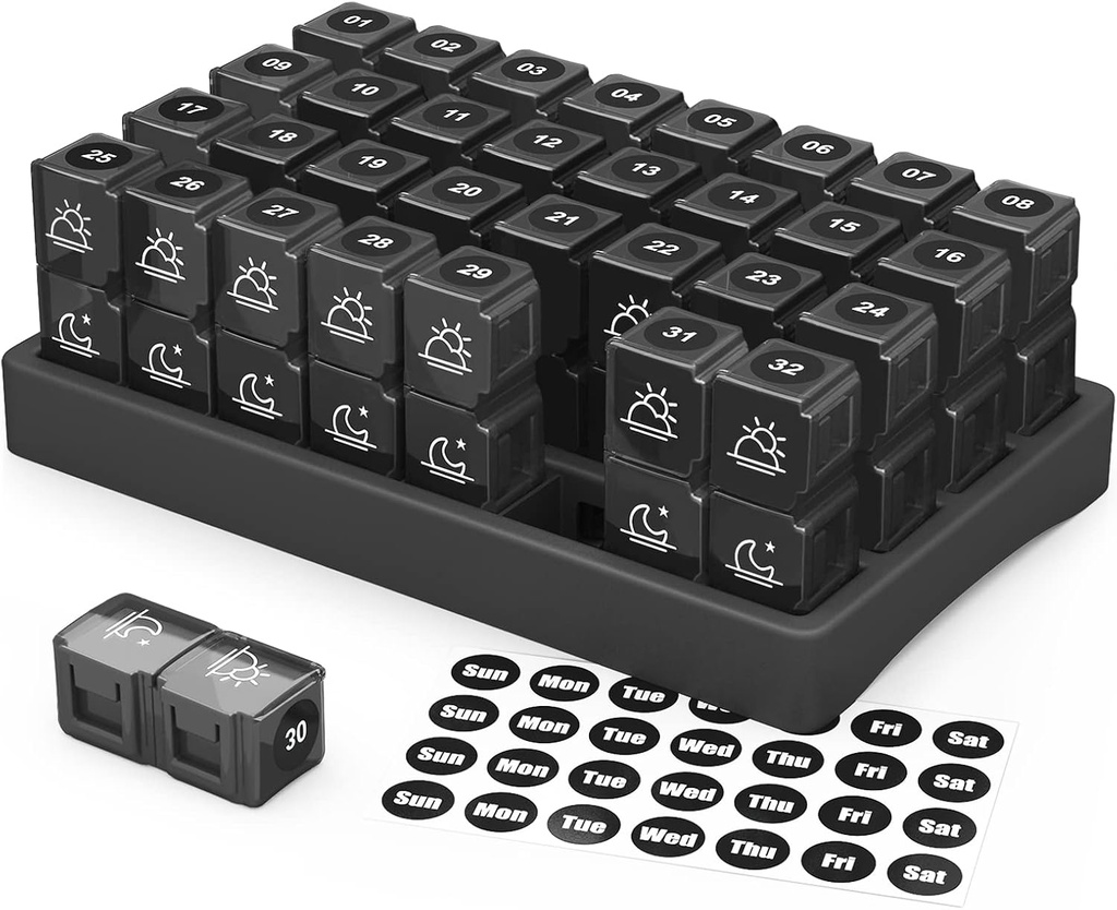 Zikee 30 Ziua Organizator Pilula Lunar, Portabil O lună Cutie de pastile Cazuri cu 32 de două ori pe zi AM PM Compartimente pentru vitamine, ulei de pește, suplimente și medicamente(Black