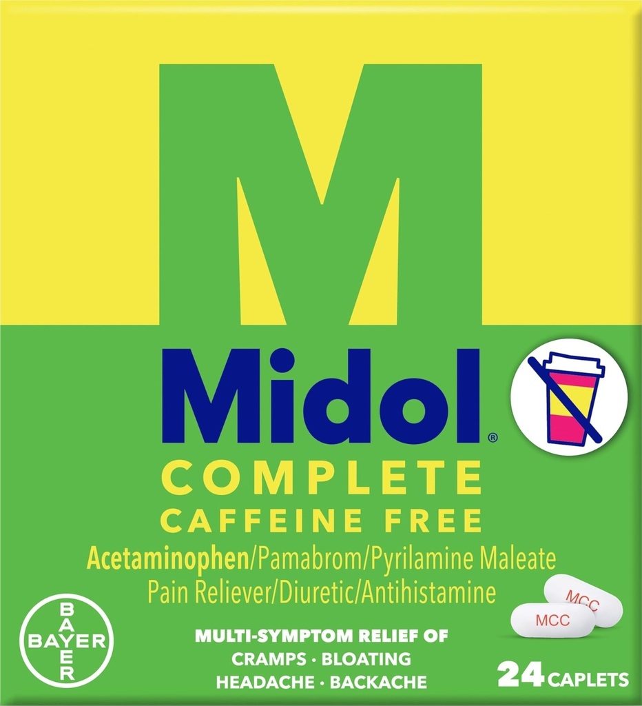 Midol complet Cafeina Caplete gratuit 24ct: Midol complet Cafeina gratuit dureri menstruale Relief Caplete cu Acetaminofen, Oferă ajutor de cap și perioadă Crampe de ajutor, 24 Conte