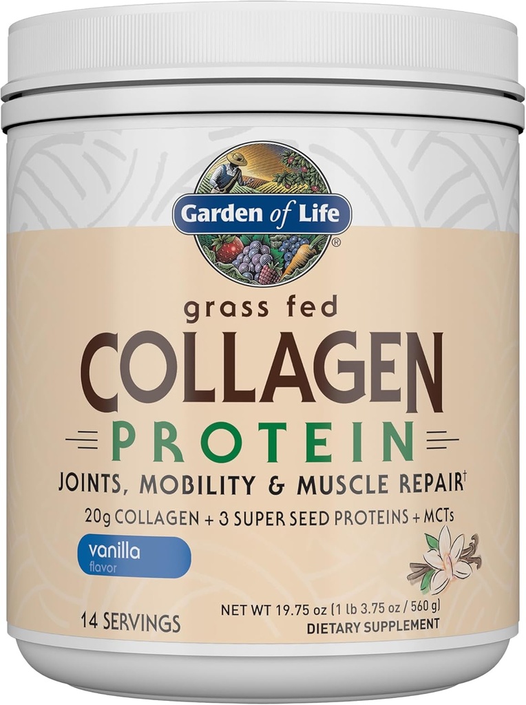Gradina de viata Iarba Pudra de proteine Fed Colagen - Vanilie, 14 Serviri, Pulbere pentru articulatii Mobilitate Reparatii musculare, Colagen Peptides + Super Seminte + MCTs nuca de cocos, Keto Supliment