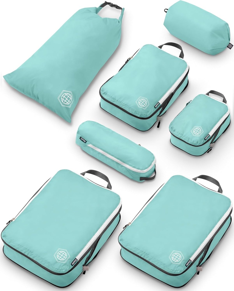Cuburi mari de ambalare de compresie pentru Cube Cuburi de ambalare Organizatori de bagaje 7 Piesa Set de bagaje verificate-Ultralllight, Expandable / Gear de călătorie TRIPPED (DustyTeal/White)