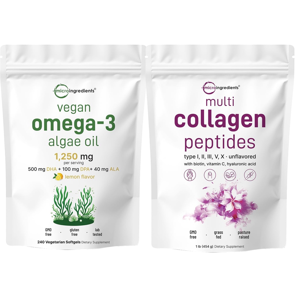 Micro Ingrediente Multi Colagen Pudră de proteine 16 oz și Vegan Omega 3 Algae Suplimentul de ulei Bundle 2 Pachet 