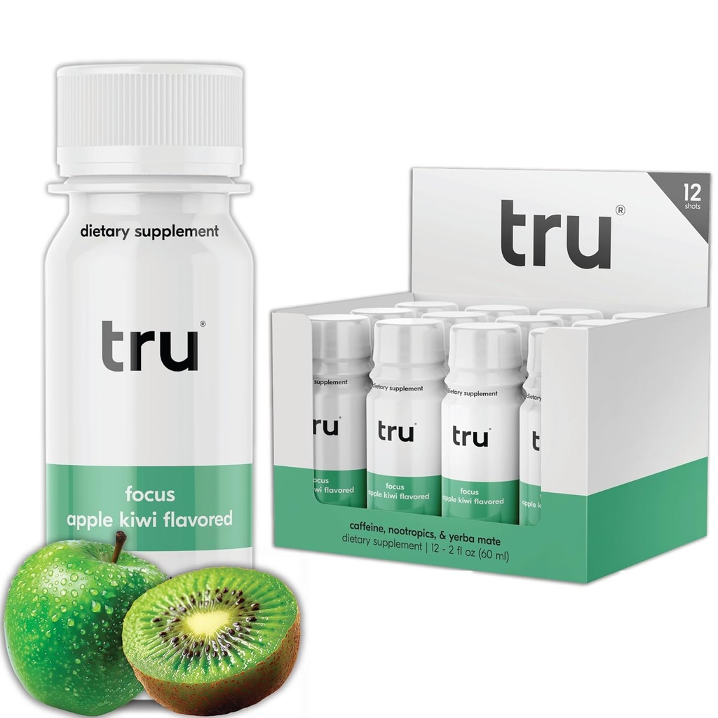 Tru Focus Shots, Nootrop Energy Drink with Yerba Mate, L Theanine & Natural Caffeine, Vegan Wellness Shot with Zero Sugar & Calories, Gluten Free, Keto Friendly, Apple Kiwi Flavor, 2 FL OZ, 12 Pack