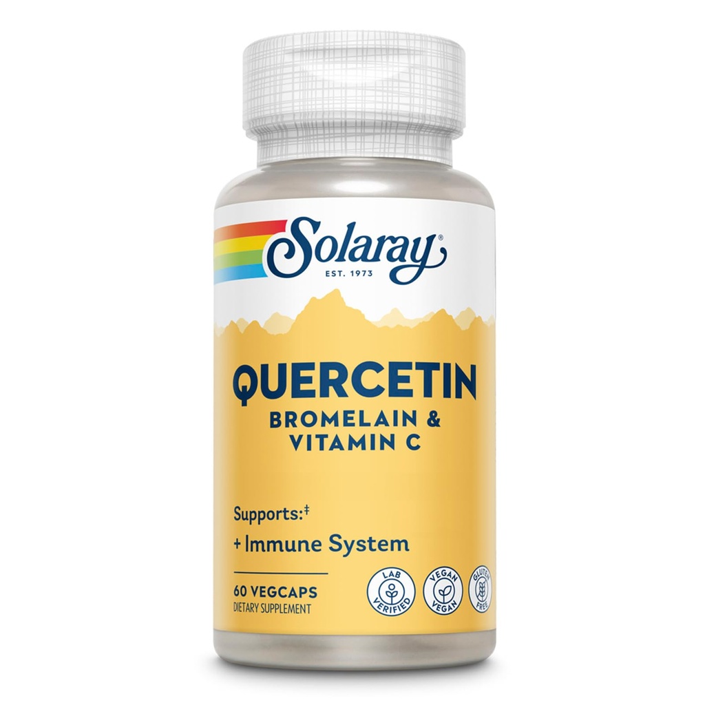 SOLARAY Querbetin cu Bromelain şi vitamina C - Suplimentul de suport imun - Antioxidant şi Complexul de sănătate cardiacă cu Querbetin 500 mg şi 1235 mg VIT C - Vegan, 60 zile Garanţie, 30 Serv, 60 VegCaps
