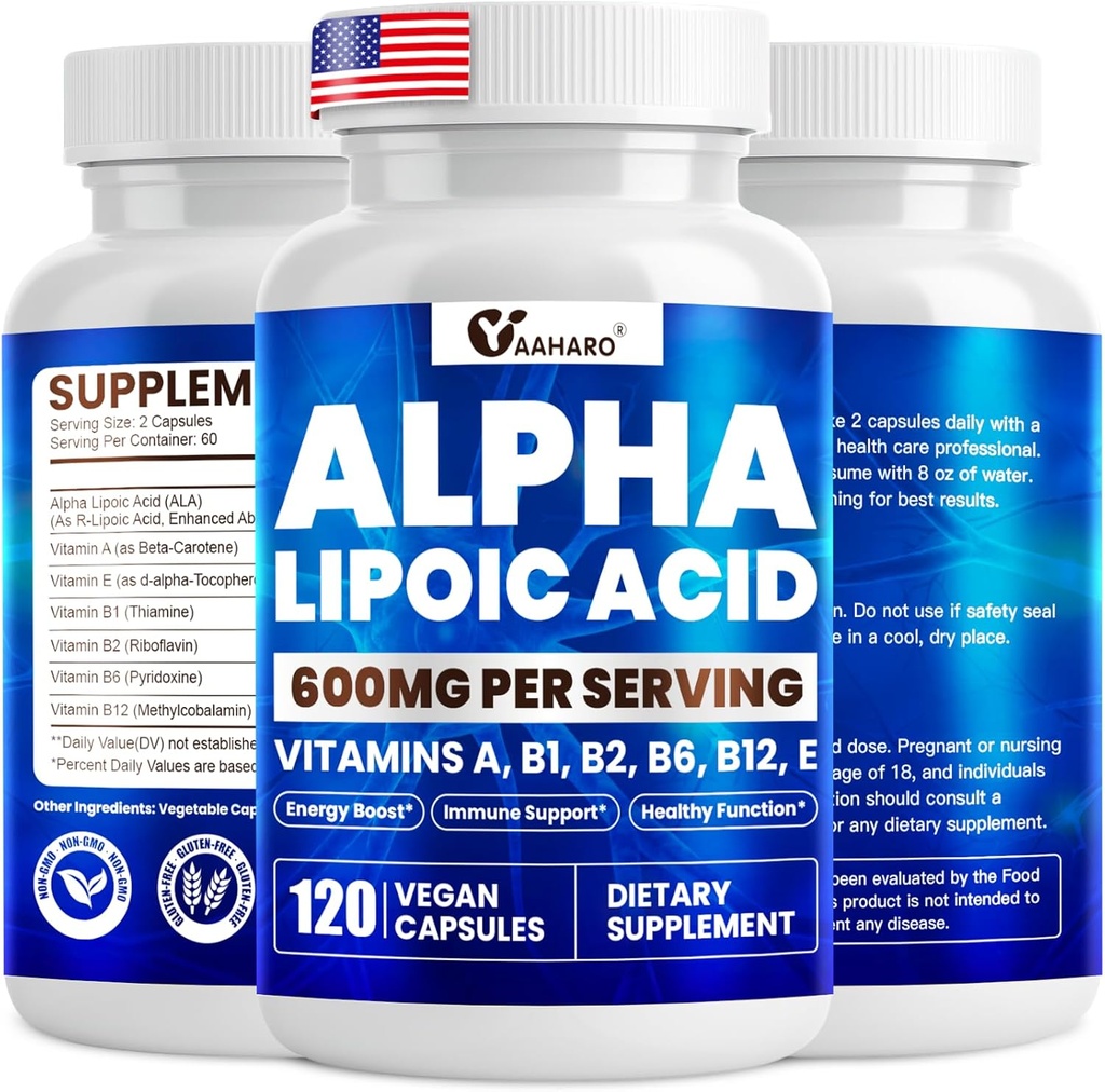 Alpha Acid lipoic 600mg, Supliment ALA pentru stimularea energiei, suport imunitar, funcţie sănătoasă şi absorbţie sporită, R-Alfa Acid lipoic cu vitamine esenţiale, 120 capsule