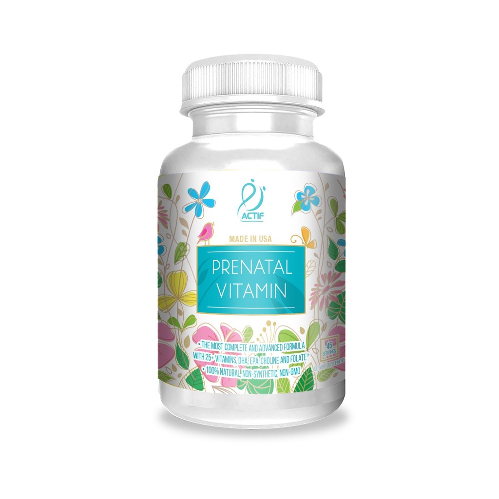 ACTIF Vitamină organică prenatală cu 20+ vitamine, Omega-3, DHA, plante aromatice organice, Non-GMO, Made in USA, 90 Conte