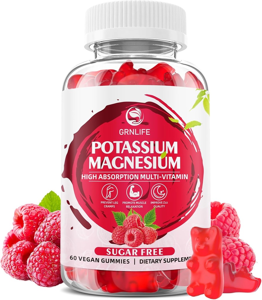 Potasiu Magneziu Supliment Gummies, Gume de potasiu pentru adulți Copii, Absorbție ridicată Magneziu Glicinat pentru Crampa Leg & Imuna Sănătate, Zahăr-Free, Aroma de zmeură, 60 Conte