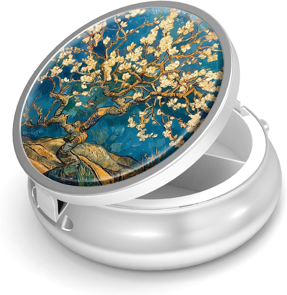 Cutie de pastile-3 Compartiment de mici pastile pentru Purse & Pocket Mini Metal Pilula Holder Travel Pilula Container pentru a tine Suplimente Vitamine BPA-Free (Almond Blossom-Van Gogh)