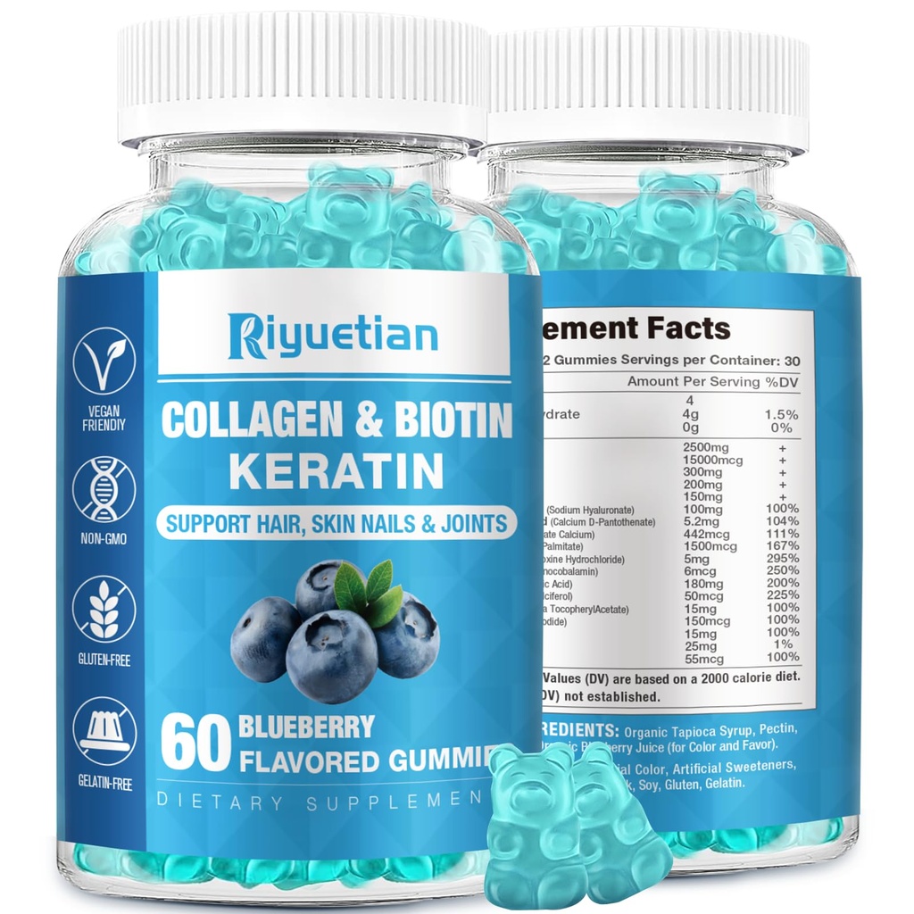 Biotin Gummies 15000mcg cu Colagen pentru adulti Femei si barbati - par, Piele si unghii Gume cu Biotin - Colagen pentru Femeie - Vegan, non-GMO, Vitamine de par - 60 Conte, 1 Pack