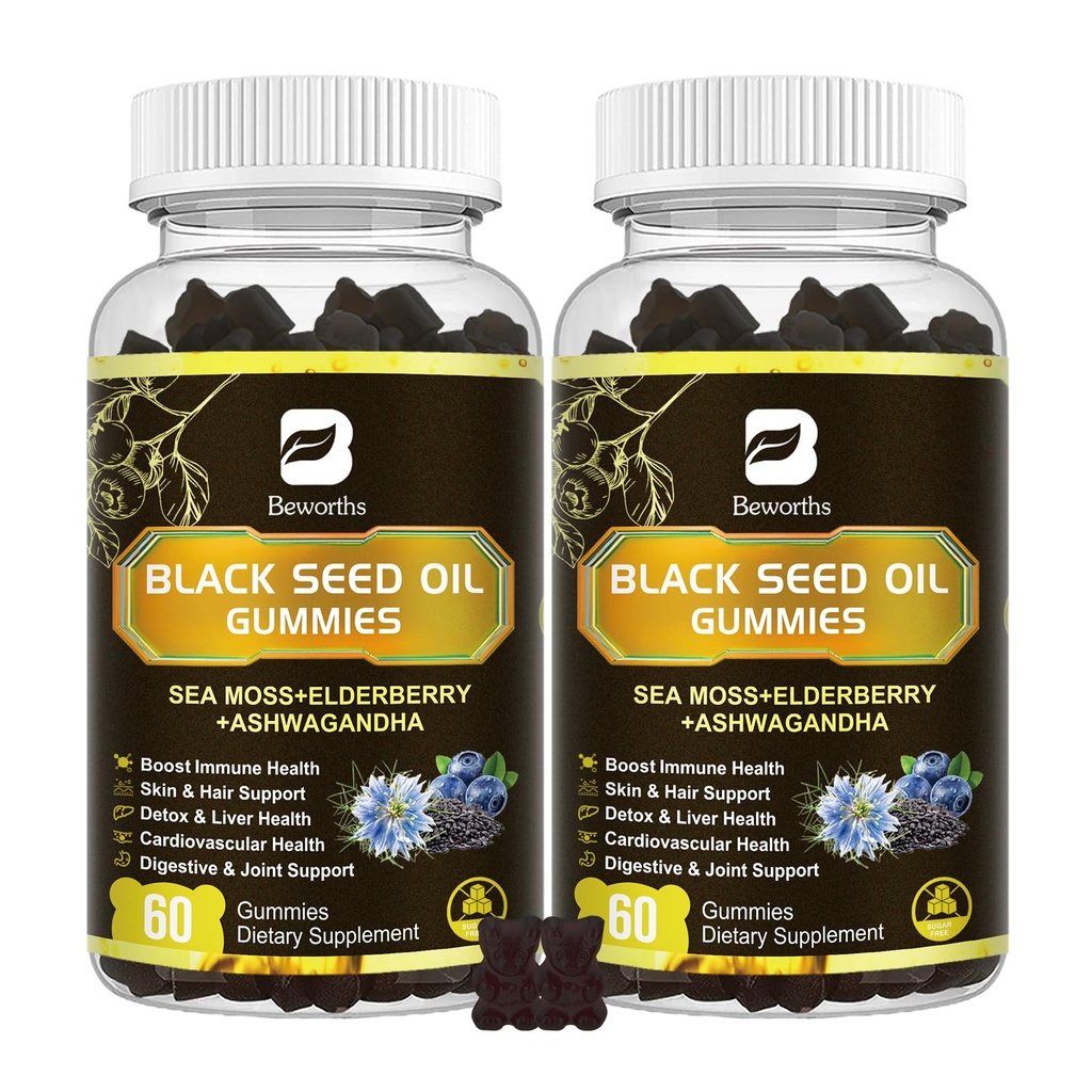 Black Seed Oil & Sea Moss Gummies, 2Pack Irish Sea Moss Gummies cu ulei de semințe negru, extract Ashwagandha, Elderberry, Turmeric, Vitamina C, Vitamina D3 - Suport imun, Articulații, Digestion, Păr și piele