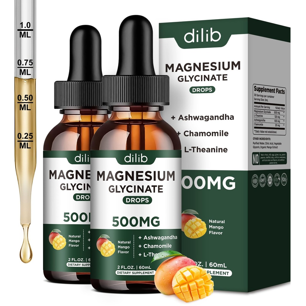 Magneziu Glicinate Picături lichide Supliment, cu magneziu Glicinat 500mg Ashwagandha, L - Theanină, Mușețel -Suport Stress Relief, Os, Muschi, Mood Mango Flavor 2Pack