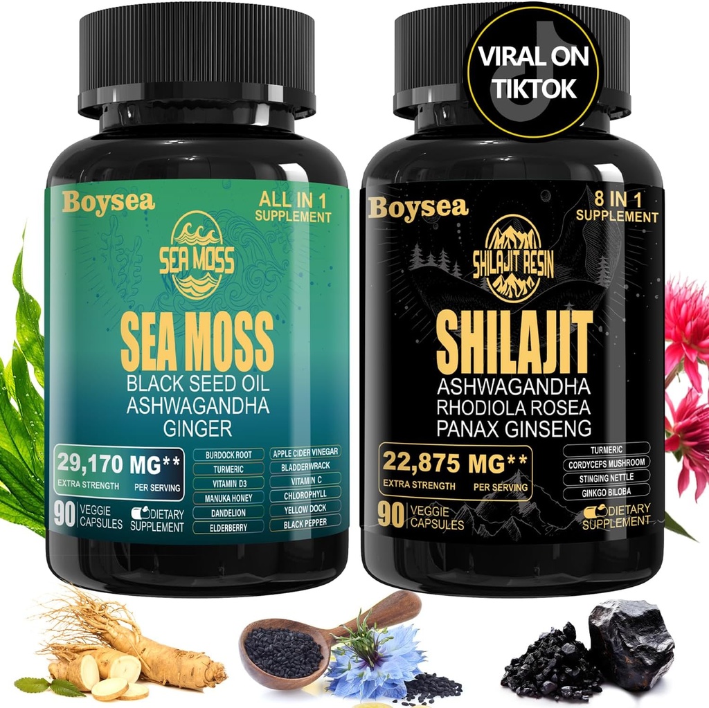 Geloo Superfood Supplement Bundle - 90 Count Sea Moss Capsule (Sea Moss, Black Seed Oil) & 90 Pure Capsule Shilajit (Shilajit, Ashwagandha) - 1 ambalaj