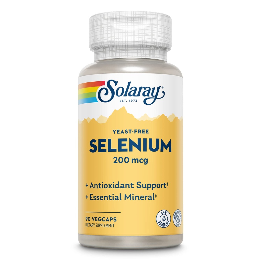 Solaray Drojdie Seleniu 200mcg, Capsule de seleniu pentru funcţie tiroidiană sănătoasă şi suport imun, Supliment de absorbţie ridicată, Vegan, 90 Servings, 90 VegCaps
