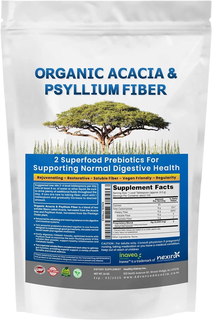 Acacia & Psyllium Husk Fiber Powder 2 Organic Soluble Fiber Digestive Restoring Gut Nutrients. Psiliu organic Husk & Organic Acacia Powder IBS, Leaky Gut 1.5 Ibs (24oz)