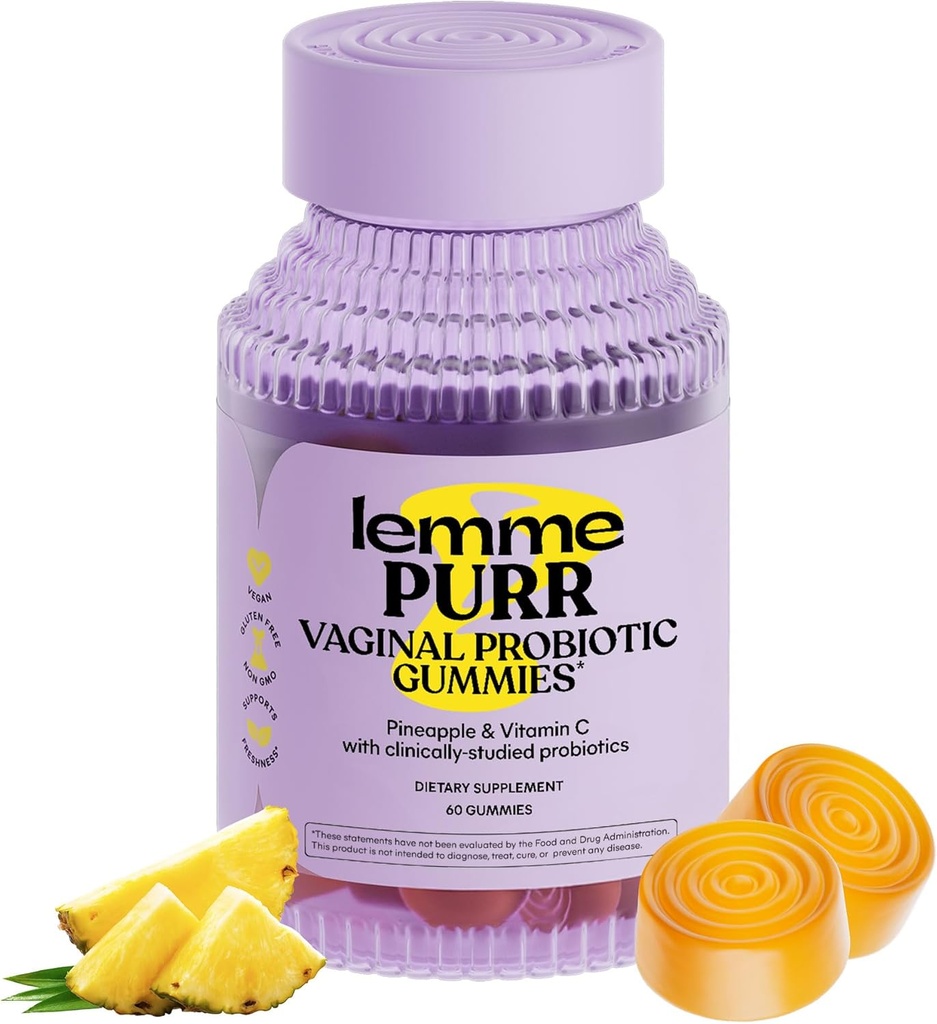 Lemme Purr Gumiile Probiotice Vaginale pentru Femei - pH echilibrat, Odor sanatos, Echilibru Yeast & Flora Suport + Vitamina C pentru sanatate imuna - Ananas gustos (60 Conte)