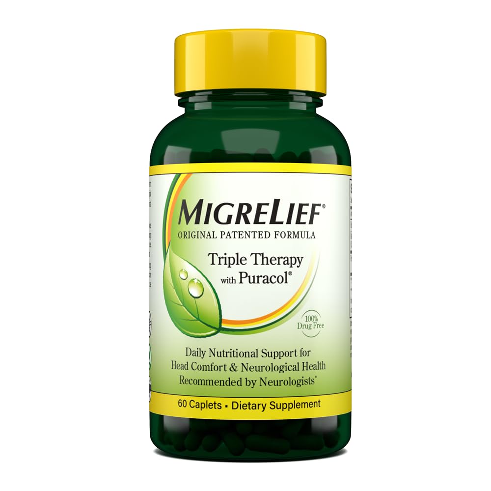 MigreLief Terapie triplă originală cu Puracol - Suport nutriţional pentru bolnavii de migrenă - 60 Caplets/1 Luna de aprovizionare