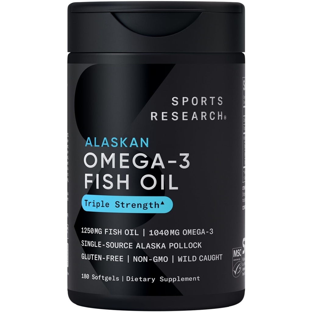 Sports Research Triple Force Omega 3 Fish Oil - Burpless Fish Oil Supplement w/EPA & DHA Fatty Acids from Single-Source Wild Alaskan Pollock - 1250 mg, 180 ct