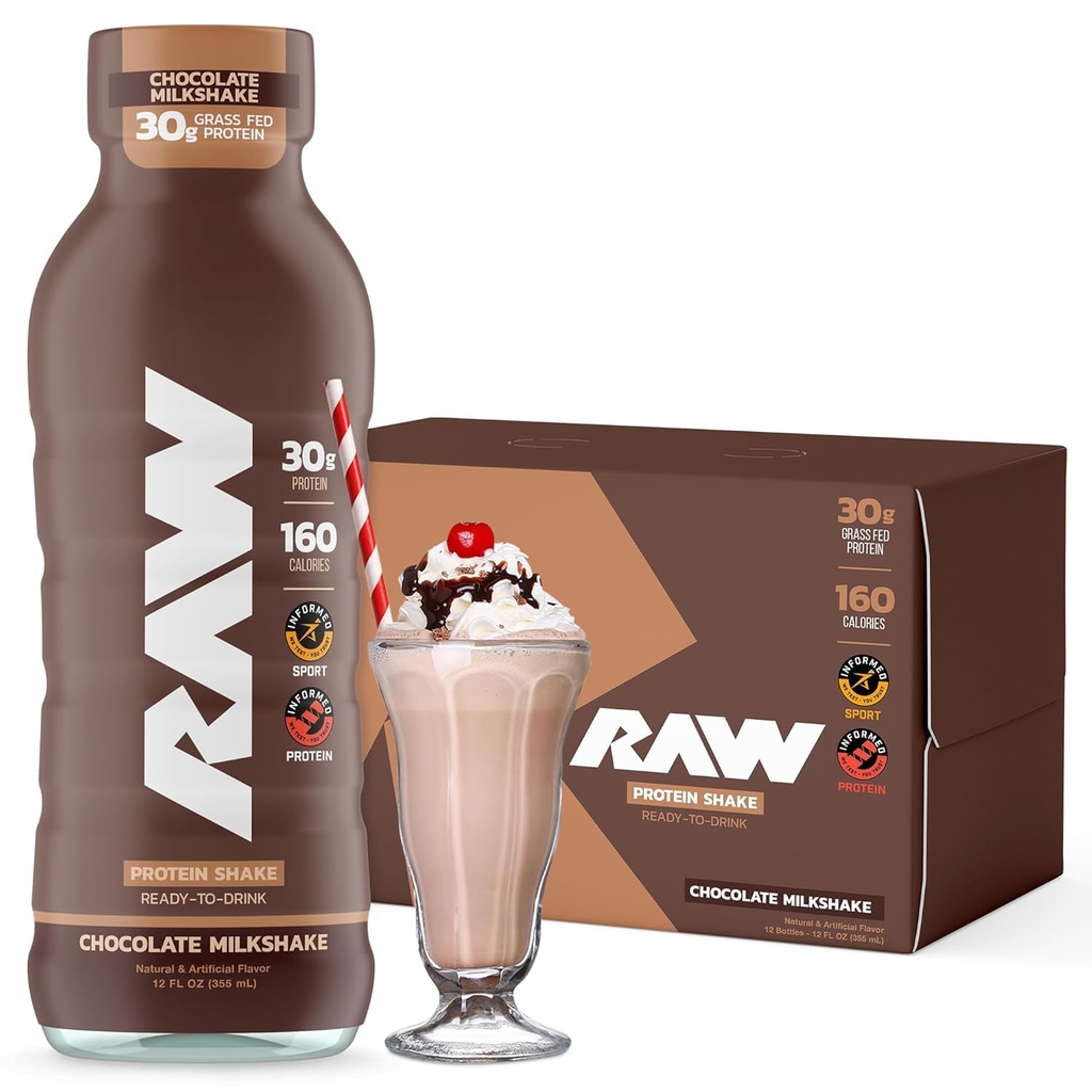 RAW gata de băut Proteine Shake, ciocolată - RDT proteine băuturi cu iarbă-Fed Whey proteine izolat pentru post-workout - Zero-Sugar & Gluten-gratuit masă de înlocuire băutură și mic dejun Shake, 12 Fl Oz