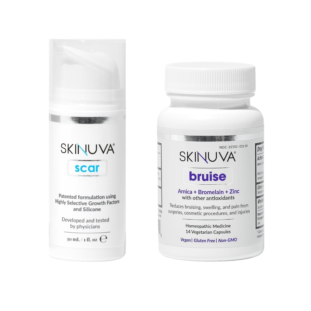 Skinuva® Scar (1 oz) & Bruise (14 capsule) - Advanced Silicon Cream Formulated with Growth Factors & Homeopatic Bruise Remedy Formulated with Arnica, Bromelain & Zinc