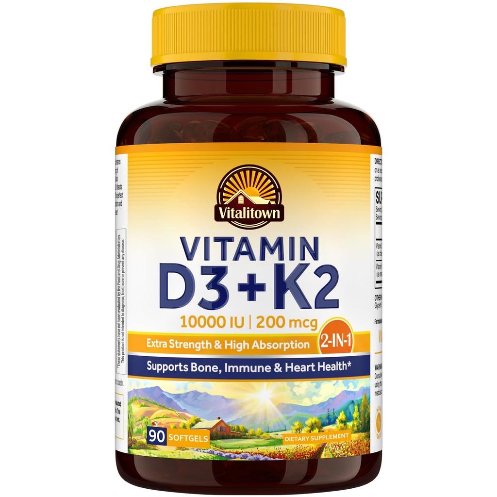 Vitalitown Vitamina D3 K2 Supliment, Vitamina D3 10000 UI Vitamina K2 (MK7) 200 mcg, 90 Softgels, Non-GMO, No Gluten & Soy, for Bone, Teeth, Immune & Heart Health