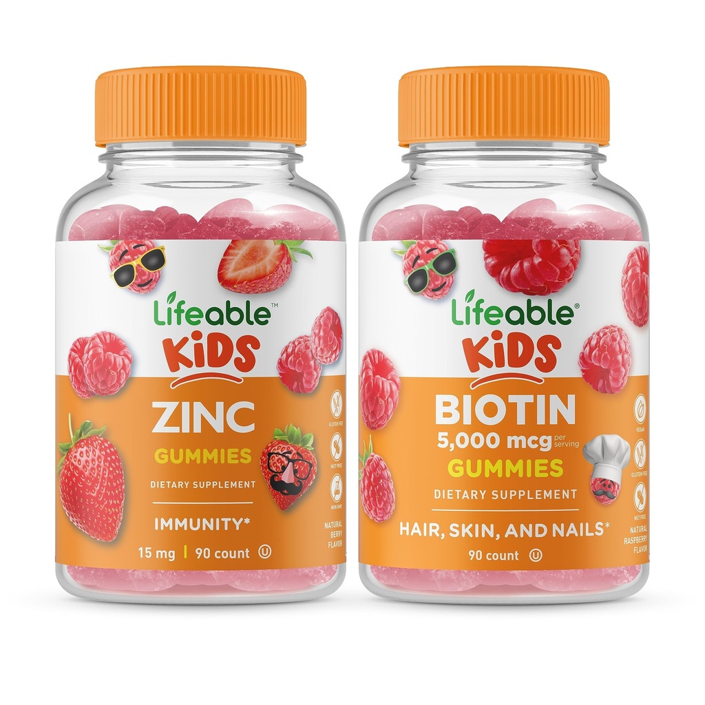 Zinc de viață copii + Biotin Copii, Gume Bundle - mare Tasting, Supliment de vitamine, gluten gratuit, OMG gratuit, Gummy masticabil