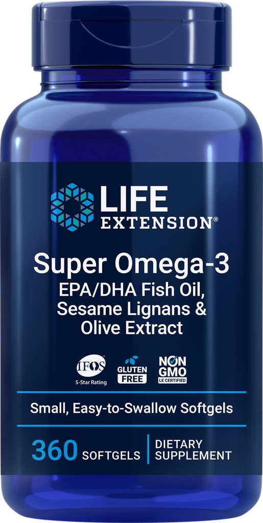 Extensie de viață Super Omega-3 360 Softgels, Ușor de înghițit, EPA/DHA Omega3 ulei de pește, Sesam Lignans & extract de măsline