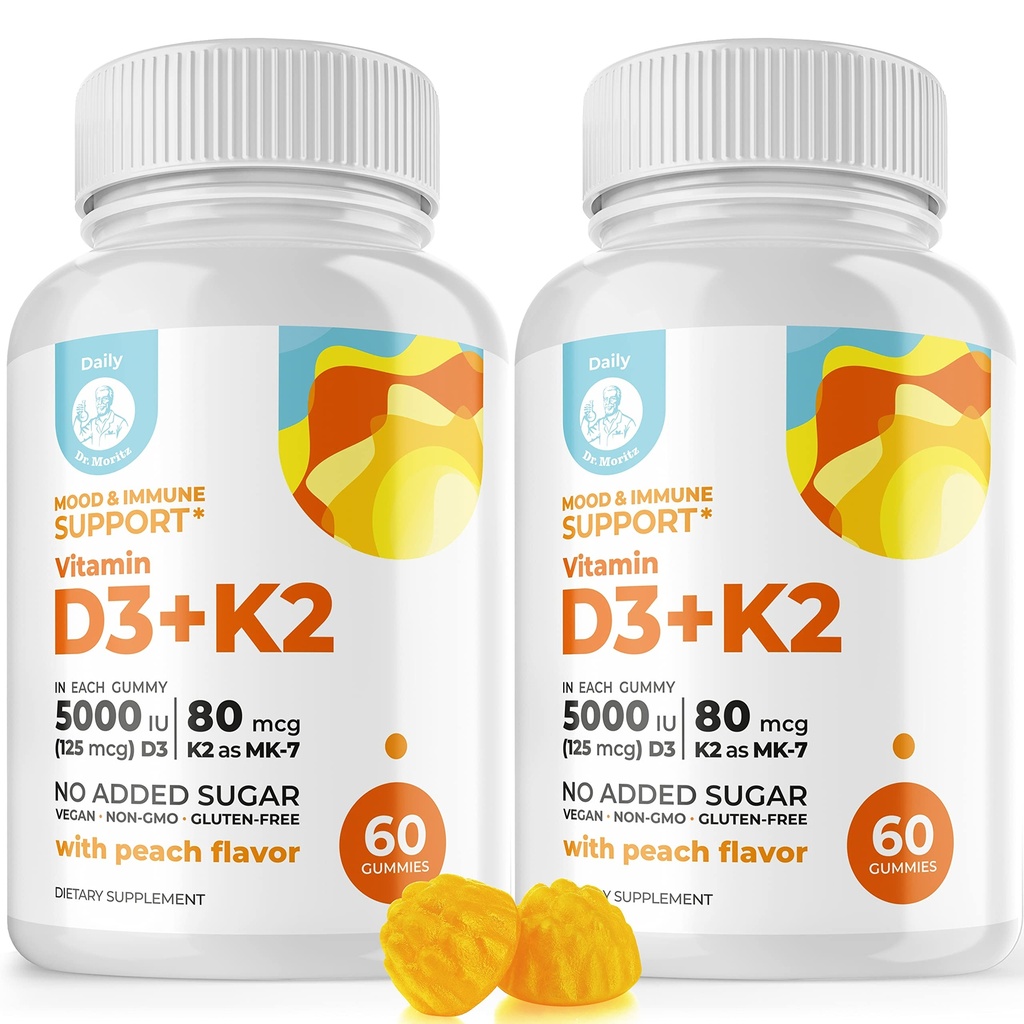 DR. MORITZ Vitamina D3 Gumiile (5000 UI) cu K2 - pentru adulți și copii - Vitamina D3 K2 Gumies pentru sprijin imun și sănătatea osoasă - Vegan, zahăr fără, gluten gratuit (120 Conte)