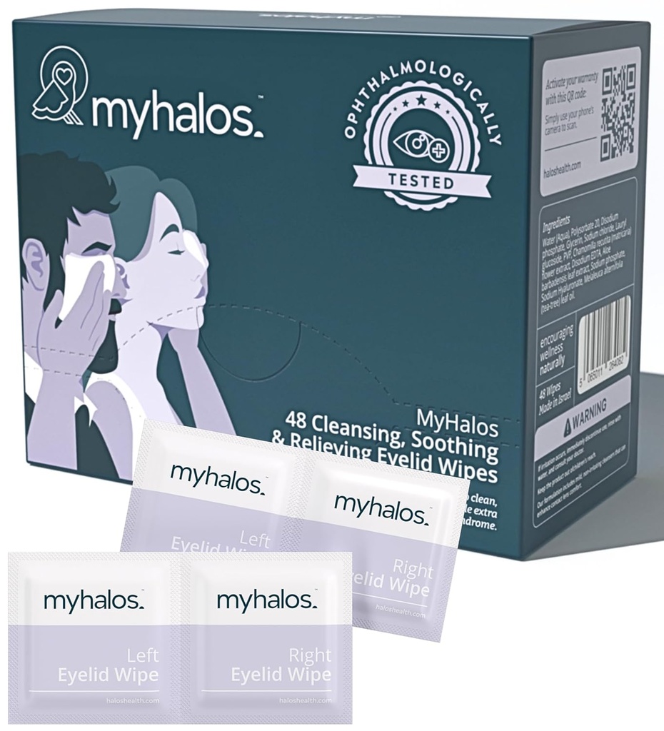 MyHalos® 48 Hydrating Eyeleid Wipes for Dry Eye Relief - Moisturizing & Soothing Eye Wipes with Tea Tree - Helps with Blefarita & Computer Vision Sympharis, Blefarita Treatment for Eyeleds, Cleanser