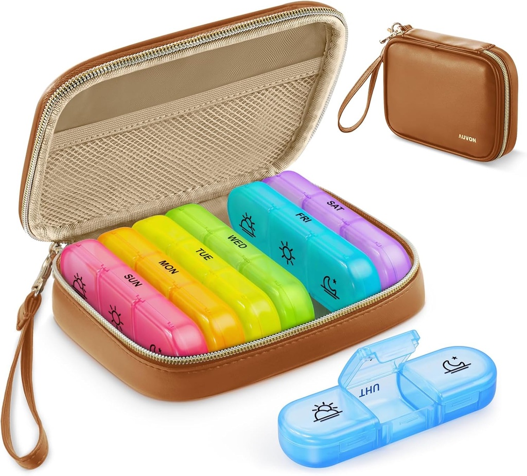 Auvon Weekly Pill Organizator 3 ori pe zi, Big Pill Box 7 zi cu un sac de piele PU, Protabel Travel Pill Case de medicamente Reminder, Daily Pill Box 3 ori pe zi pentru vitamine, uleiuri de pește, suplimente