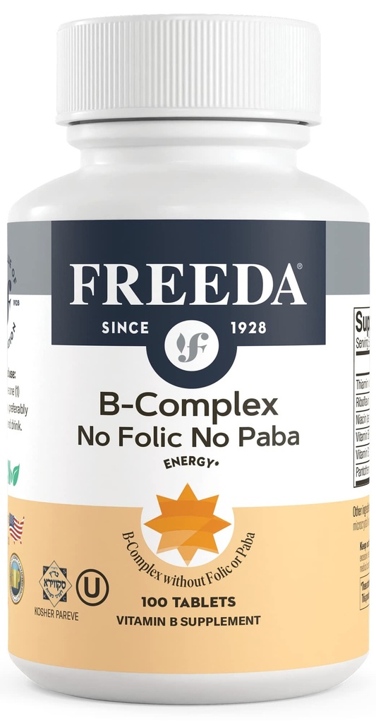 Complex Freeda Vitamina B Nu Folic nr PABA - Super B Complex de vitamine Kosher Supliment cu vitamina B1 Vitamina B2 Vitamina B3 Vitamina B5 Vitamina B6 Vitamina B12 - Vit B Complex B pentru femei si barbati (100 Ct)
