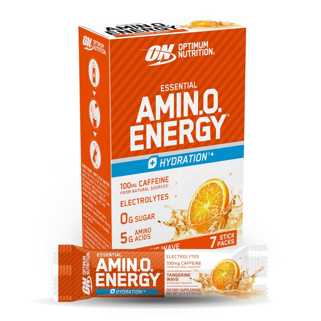 Optimum Nutritie Essentiala Amino Energy Plus Electrolites Stick Packs, Energetic Powder, Tangerine Wave, 7 Conte