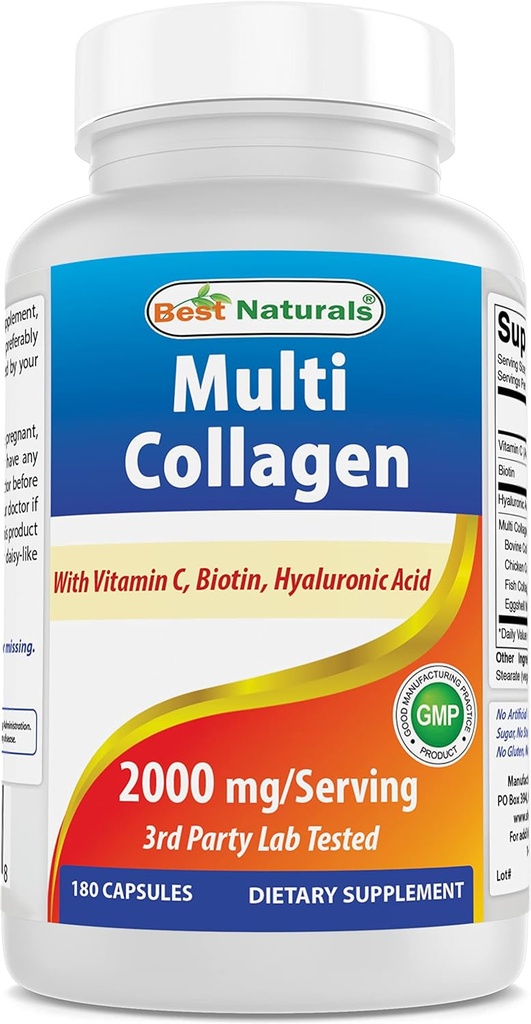 Cel mai bun Naturals Multi Colagen Pastile 2000mg pentru femei si barbati - Hidrolized Colagen Peptides capsule pentru piele de par si unghii cu tipurile I II III V X, Biotin, Acid hialuronic si vitamina C