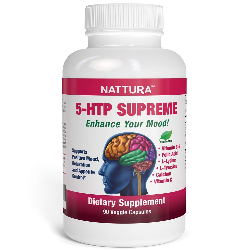 Nattura 5-HTP Supreme - pentru stare de spirit pozitivă, relaxare și controlul apetitului - cu 5-HTP, L-Tyrosine, L-Lysine, vitamina B6, Folat (acid folic), vitamina C (acid ascorbic), calciu - 90 capsule