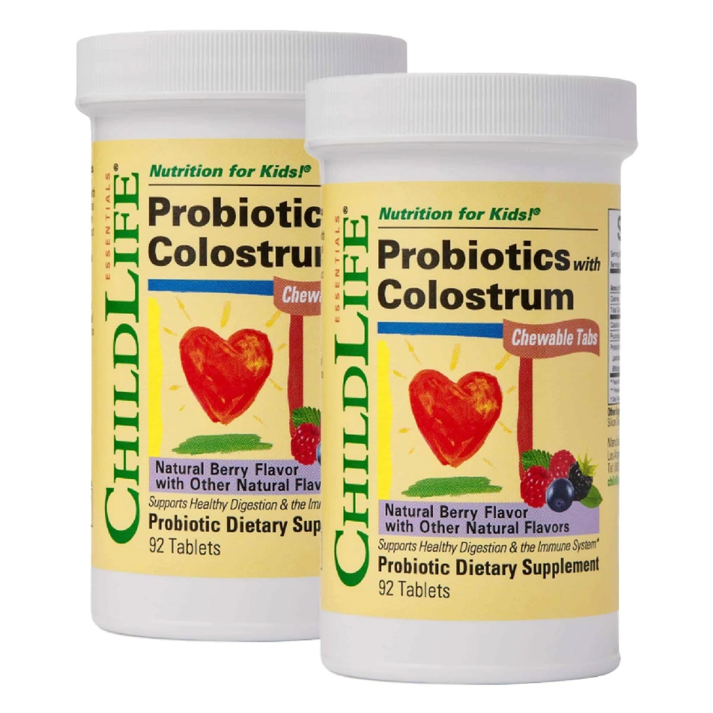 COPILDIFE ESENȚIALE ChildBiotice cu Colostrum- Probiotice pentru copii, Probiotice pentru Digestive Health, Mesteci, Probiotic pentru copii, Colostrum pentru copii - Berry Natural, 92 comprimate (Pachet de 2)