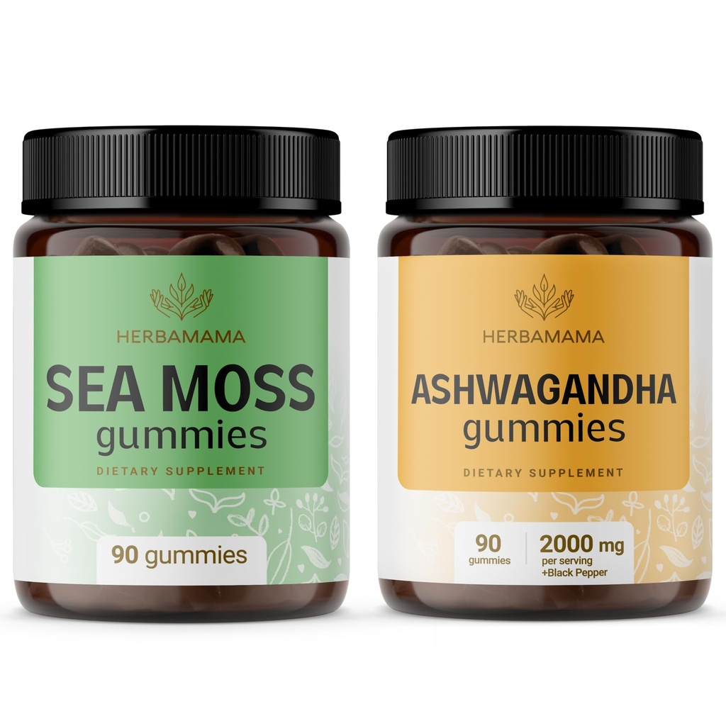 HERBAMAMA Sea Moss și Ashwagandha Kit - Bundle of 1600 mg Sea Moss with Bladderwrack & Ashwagandha Root Gummies - Vegan, Non-GMO, Gelatină-Free - 2 Pack