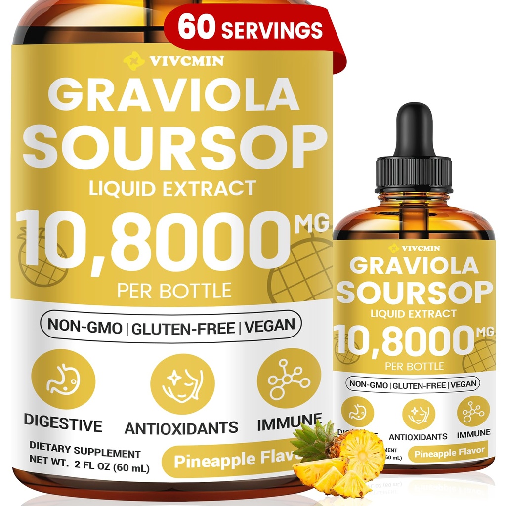 Graviola Soursop Leaf Extract lichid - Soursop Bitters lichid, Suport Immune, Relaxați-vă, Ficat și Somn, Zahăr & alcool-Free, Formula extrem de absorbabil, Ananas Aroma, 2 Fl Oz