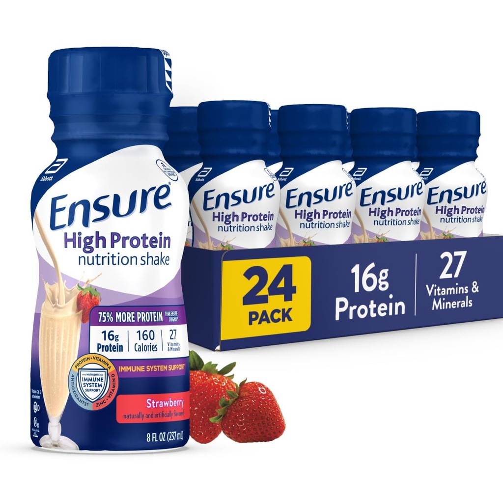 Asigurați-vă de mare proteine Strawberry Nutriție Shake, gata de a bea, 16g proteine și 27 vitamine și minerale, 8 fl oz, 24 Pack