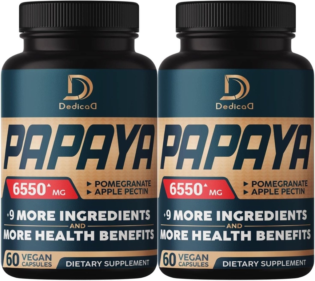 10in1 Pure Papaya Enzime pentru digestia 6550mg 4 luni Suport Digestia, Imun & Body Health - Amestecat cu rodii extrase, Apple Pectin, ghimbir, Turmeric, Peppermint - 2 Packs 60 Counts