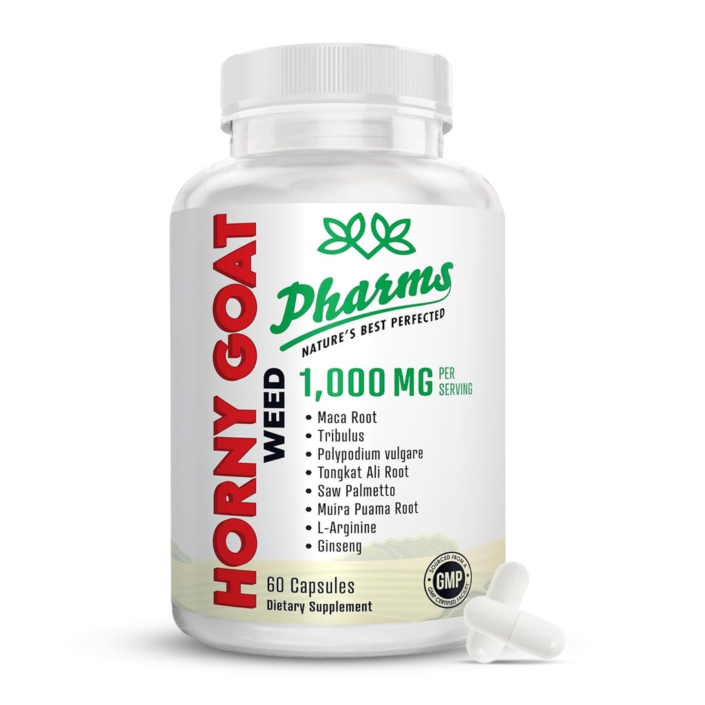 PHARMS Hornygoatweed pentru bărbați și femei (1.000 mg) - Capsule de energie și rezistență cu rădăcină Maca, Tribulus, Tongkat Ali, Saw Palmetto & Ginseng - Supliment de îmbunătățire a performanței de sex feminin și masculin - 60 capsule