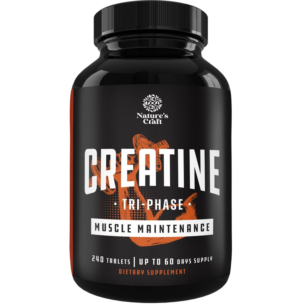 Naturas Craft Putere mare Tri Faze Creatine Tablete pentru femei si barbati - Formula Blend de Creatină Monohidrat, 300mg HCL & Pyruvate Supliment - Muscle Mass Gain & Recovery Supliment - 240 comprimate