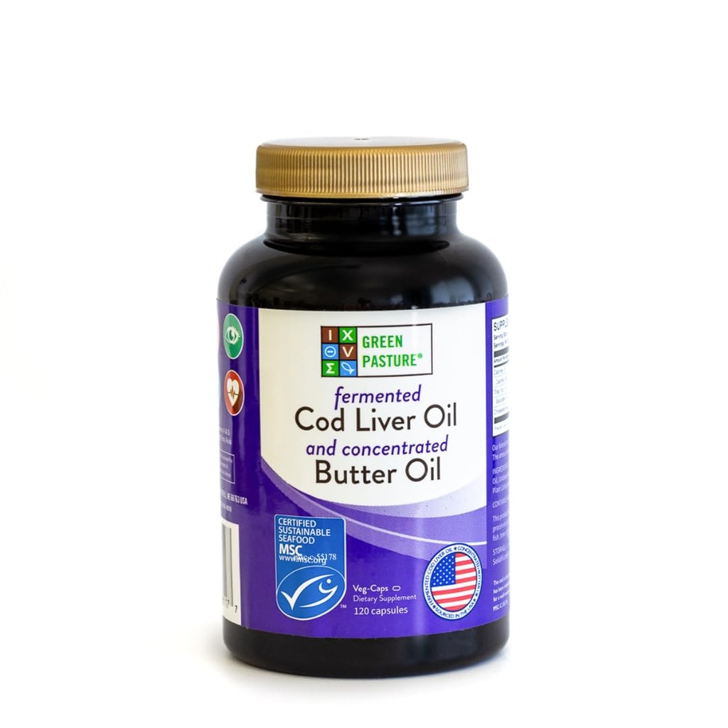 Green Pasture Cod Fermentat Ulei de ficat Amestec și unt concentrat Amestec de ulei - 120 capsule