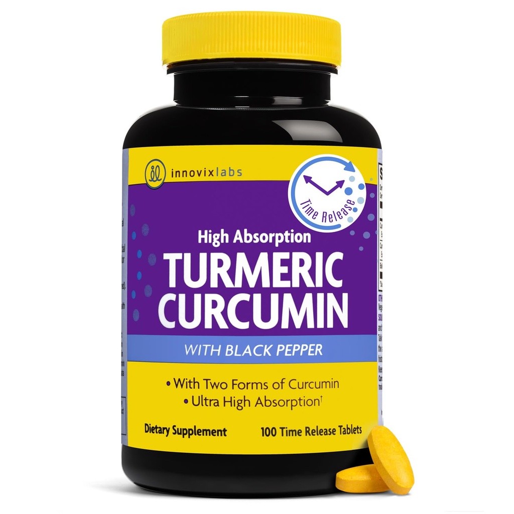 InnovixLabs Curcumin Turmeric cu extract de piper negru - Suplimente de înaltă absorbţie Turmeric şi Curcumin cu BioPerine, C3 Reduct & Curcumin C3 Complex - 100 comprimate de eliberare timp
