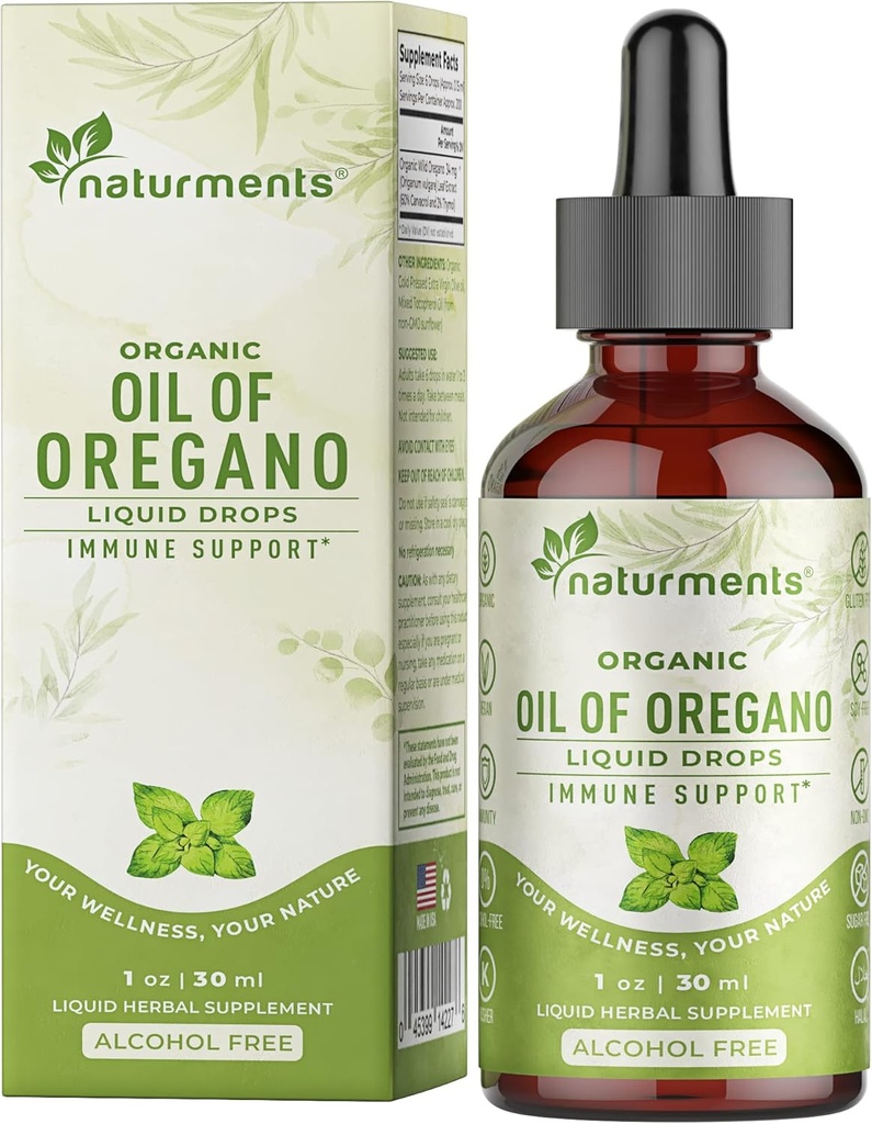 Naturments picături de ulei Oregano pentru suport imunitar și sănătate Gut. Vegan, non-GMO, zahăr gratuit și gluten Organic Wild Mediteranean Ulei de Oregano cu ulei organic extra virgin de măsline - 1 Fl Oz 30 Ml